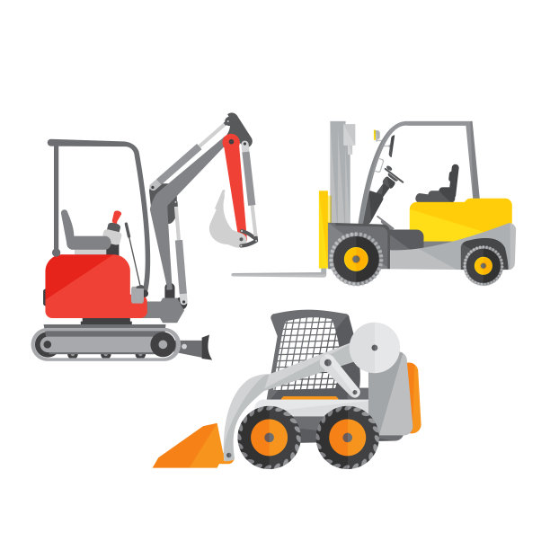 两辆小型拖拉机或挖掘机及一辆小型叉车示意图图片下载
