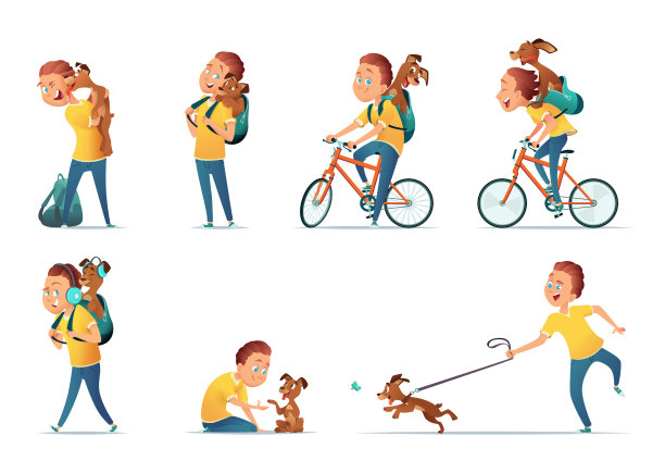 一个男孩和一条狗的有趣情景。孩子和小狗在不同的滑稽姿势。图片下载