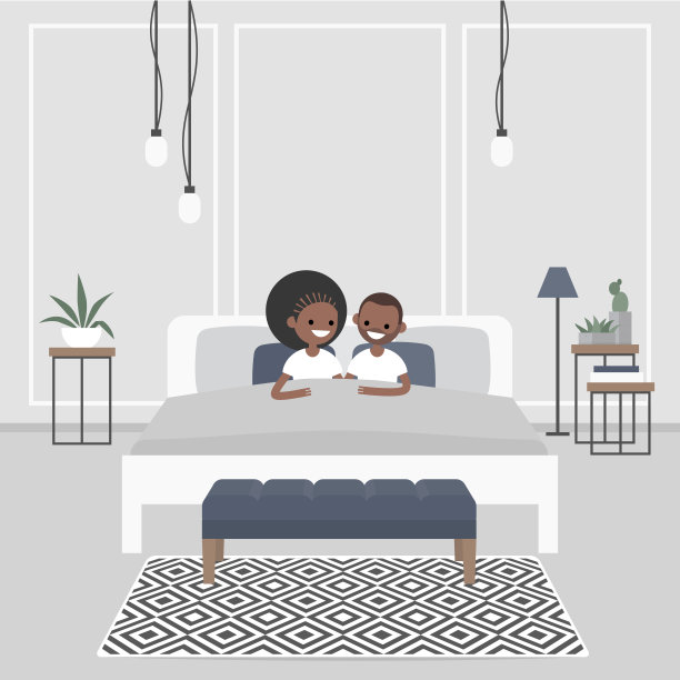 现代居室室内。一对年轻的非裔美国人躺在双人床上。斯堪的纳维亚设计。图片下载