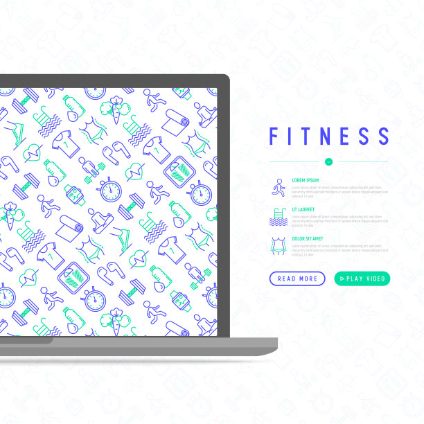 健身概念与细线图标跑步，哑铃，腰部，健康食品，游泳池，脉搏，无线耳机，运动服，瑜伽。现代矢量插图的网页。图片下载