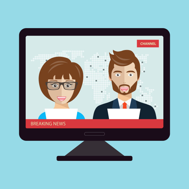 突发新闻的概念。电视上的新闻。新闻主播与记者在屏幕上直播新闻。平面向量插图图片下载