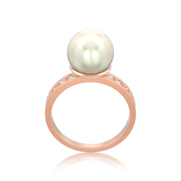 3D插图孤立玫瑰金订婚钻戒与珍珠与反射图片下载