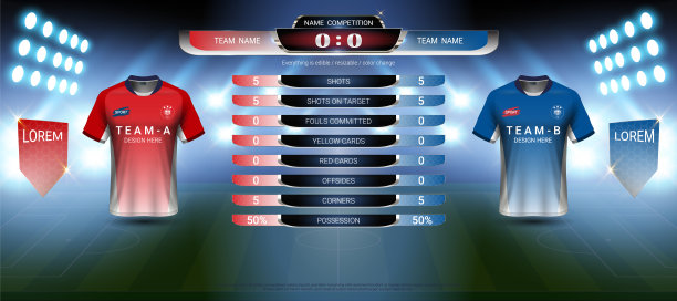 足球比赛运动事件，足球球衣模型和记分牌比赛vs战略广播图形模板，用于演示分数或游戏结果(矢量Eps10，完全可编辑)图片下载