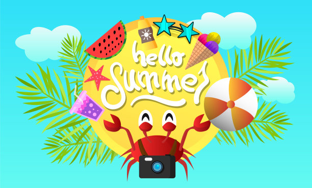 夏季卡通背景与螃蟹设计传单，海报，明信片图片下载