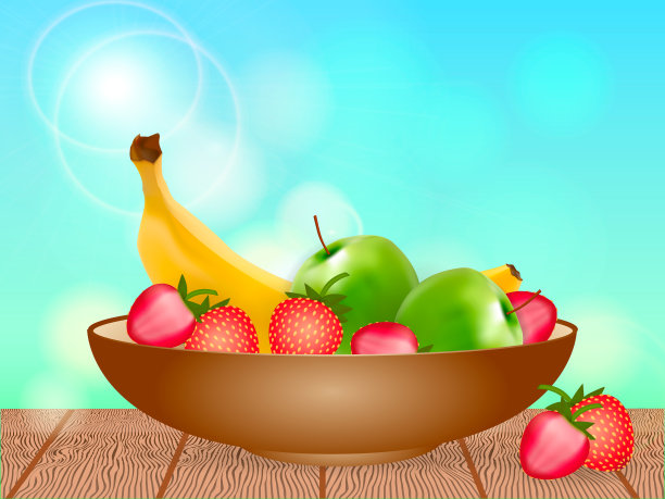 木桌上放着一只装满水果的棕色碗。矢量图图片下载