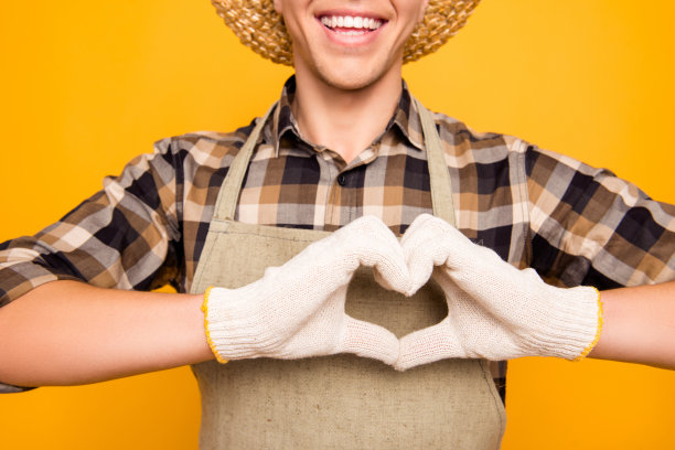 商业商人健康食品好草帽头饰成功信任农村保健人人理念。这张照片是一个自信的男人用手指在孤立的胸部做心脏图片下载