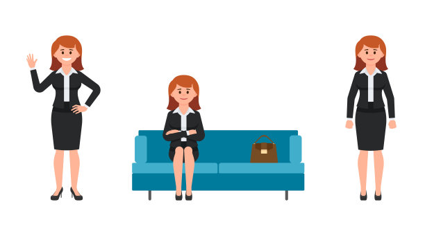 幸福的女人双手交叉坐在蓝色的沙发上，微笑着挥手。矢量插图的卡通人物商界女性正面视图图片下载