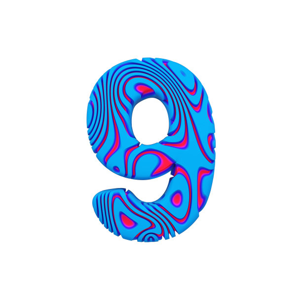 字母数字9。运动字体制成的蓝色粗体标志。3D渲染孤立的白色背景。图片下载