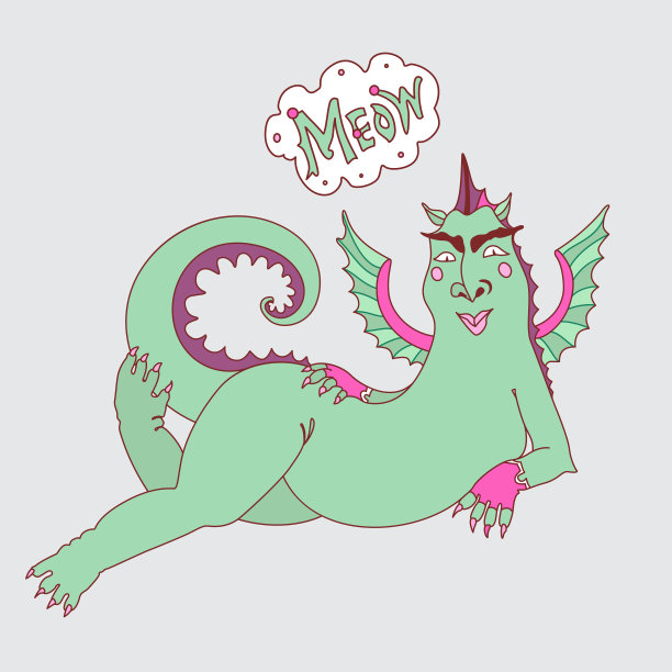 一个厚脸皮躺着的胖绿色龙女人戴着自行车粉红色的手套，疯狂的眼睛和傲慢的微笑，说喵。在浅灰色背景上的彩色线性卡通草图。t恤印花，幽默海报，书封面图片下载