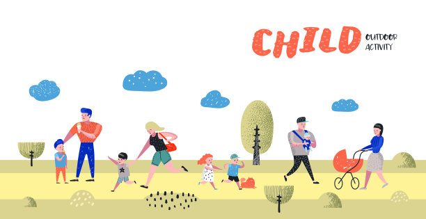 家庭户外活动海报、横幅。父母与孩子在公园散步。快乐的人在大自然中放松。矢量图图片下载