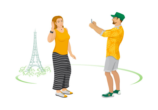 夏季埃菲尔铁塔背景上的一对成年游客的彩色图形插图。一个男人用智能手机拍下了一个漂亮女人。矢量插图，草图，孤立。图片下载