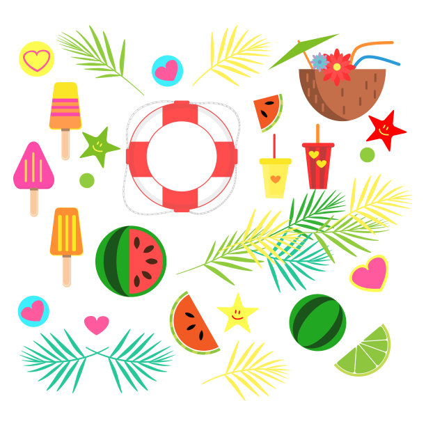 星星，救生圈，棕榈叶，西瓜，柠檬，酸橙，冰淇淋，鸡尾酒，饮料，心，椰子。对象。孤立的向量。图片下载