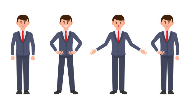 穿着深蓝色西装的年轻商人卡通人物。矢量插图的聪明的男性职员在不同的姿态图片下载