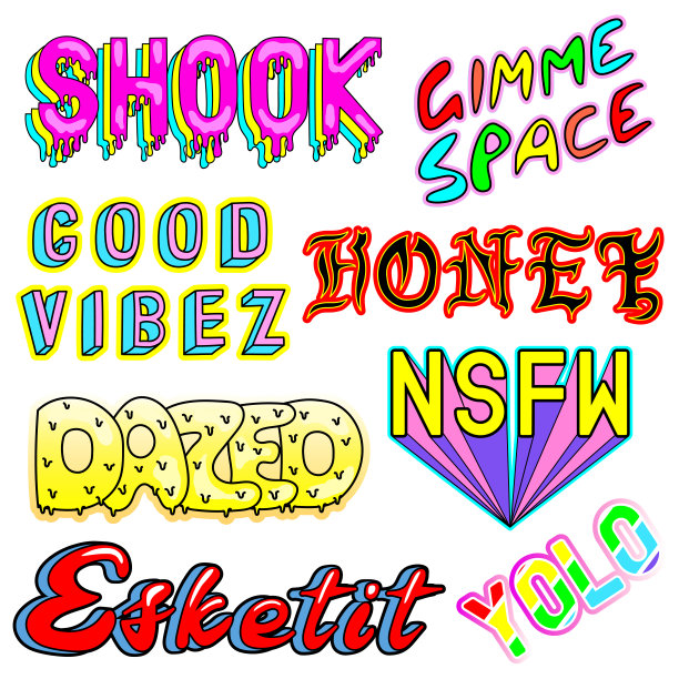 向量组的短语，单词:'Shook'， 'Gimme space'， 'Honey'， 'Dazed'， 'YOLO'， 'Esketit'， 'NSFW'等。时尚徽章，别针，贴纸。俚语的缩略语和缩写。图片下载