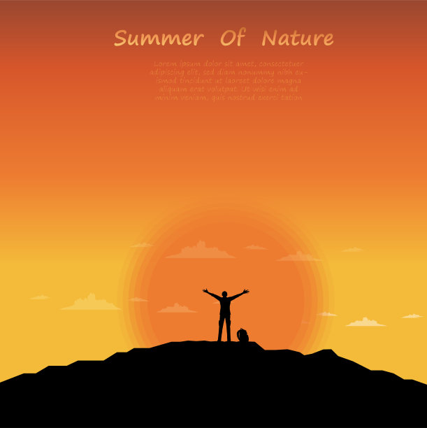 自由人的剪影站在日落背景的山上图片下载