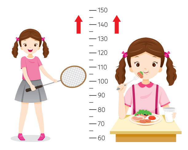 女孩为了健康和更高而吃食物和做运动。测量身高的女孩。图片下载