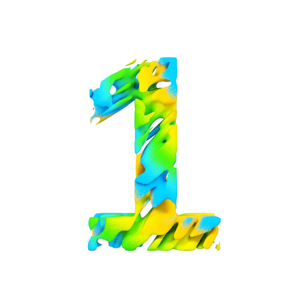 字母数字1。液体字体由蓝色、绿色和黄色喷绘而成。3D渲染孤立的白色背景。图片下载