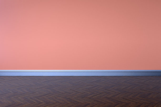抽象空旷的室内背景空白红色粉色墙壁角落和木地板当代，3D渲染图片下载