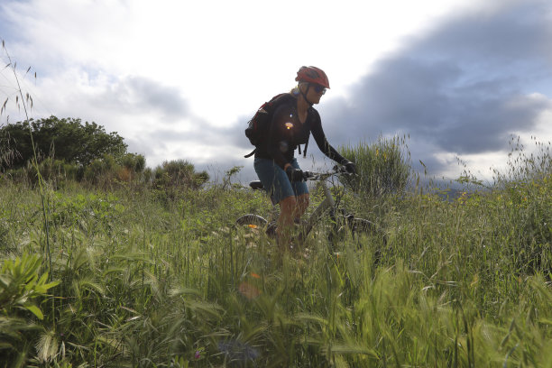 骑山地车穿过草地图片下载