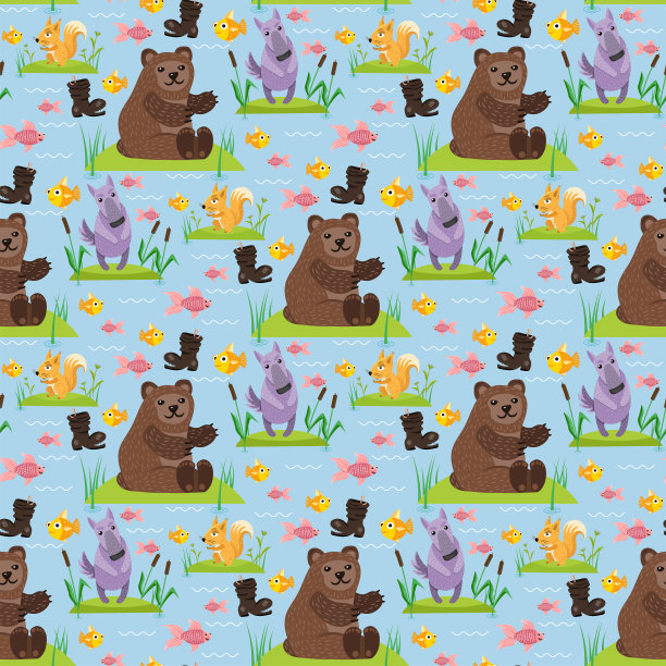 熊角色泰迪姿态矢量无缝图案背景野生灰熊可爱的插图可爱的动物设计图片下载