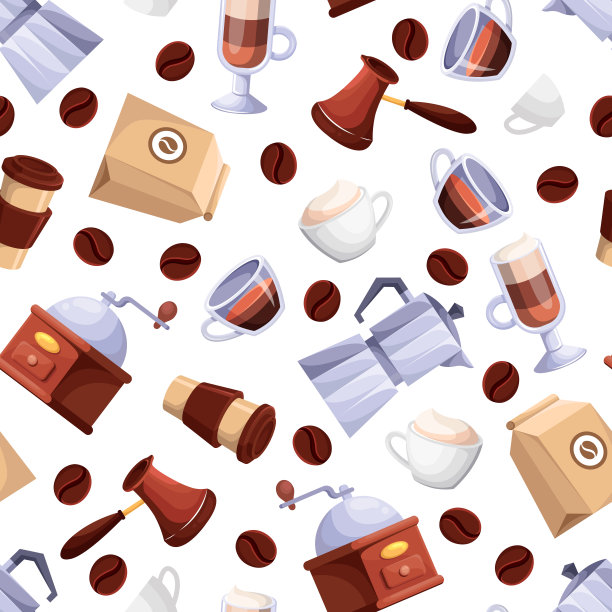 咖啡店向量无缝白色图案。卡通平面插图。纺织印花背景设计元素图片下载