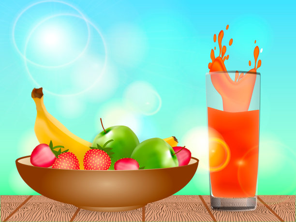 木桌上放着一只棕色的碗，里面装满了水果和一杯橙汁。矢量图图片下载