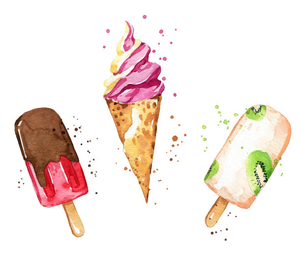 美味清爽的冰淇淋套装，水彩插图图片下载