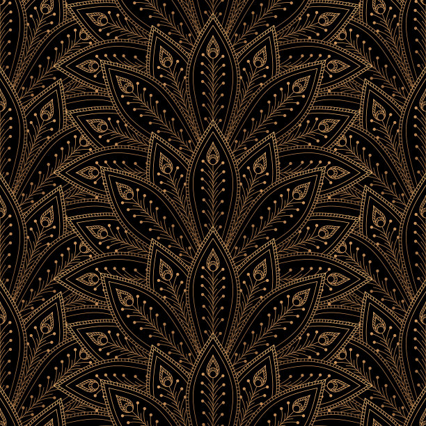 豪华背景矢量。孔雀羽毛扇皇家图案无缝。金黑色设计瑜伽墙纸，美容spa沙龙，婚礼派对邀请，圣诞和新年贺卡模板。图片下载