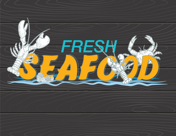 新鲜海鲜标志与手绘文字图片下载