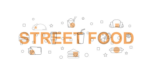 街头食物载体横幅。Word与线图标。图片下载