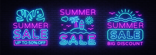夏季销售霓虹横幅收集向量。明亮霓虹夏季折扣广告，设计模板，灯光横幅，明亮广告手册。矢量图图片下载