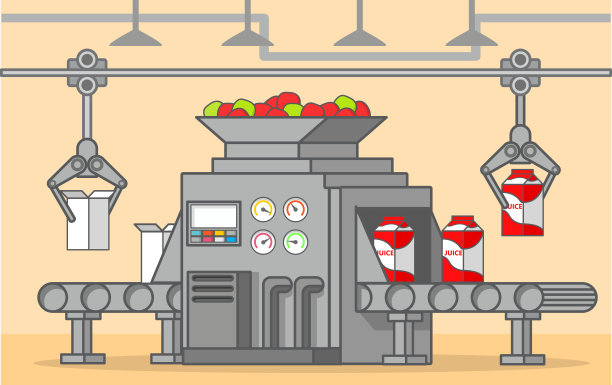 传送带的一盒水果饮料。鲜榨苹果汁。图片下载