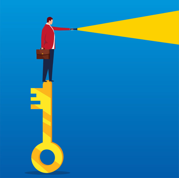 商人拿着手电筒站在钥匙上图片下载