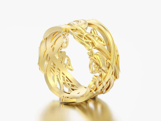 3D插图黄金订婚结婚戒指独特的戒指图片下载