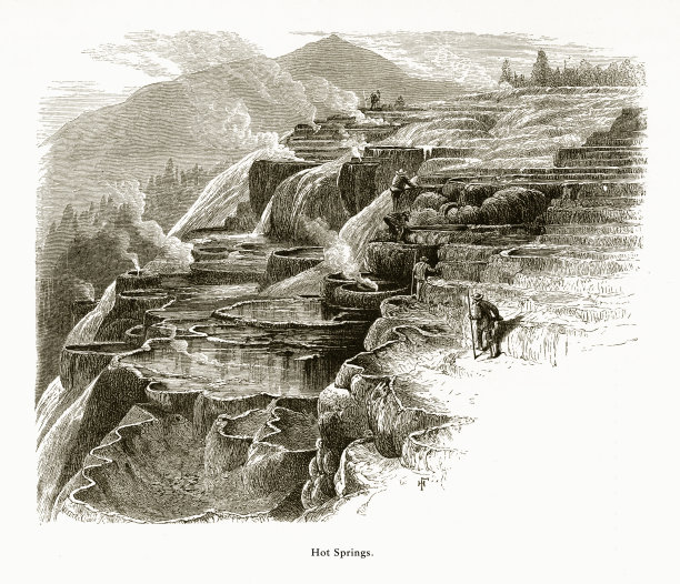 温泉，黄石山谷，黄石国家公园，怀俄明州，蒙大拿州和爱达荷州，美国，美国维多利亚版画，1872年图片下载