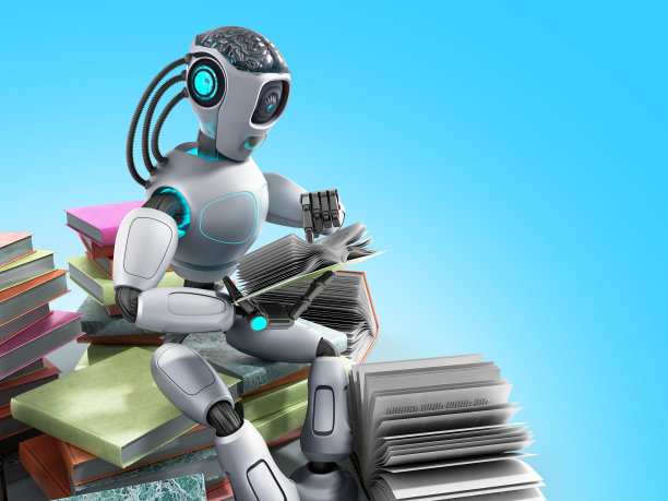 现代概念的块智能机器人是看书坐在一堆书，3d渲染在蓝色图片下载