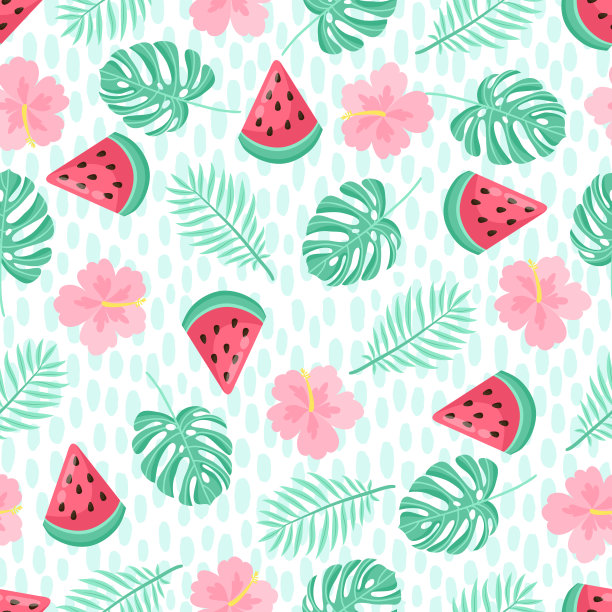 无缝模式与热带棕榈叶和香蕉。矢量图素材图片