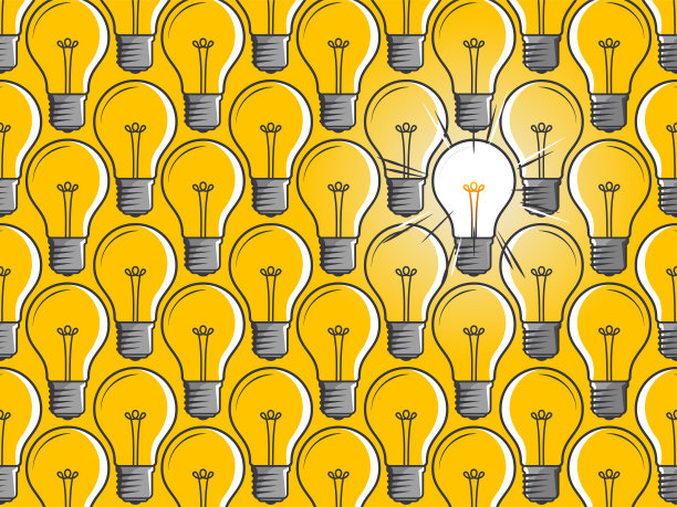 一组在黄色背景上描绘伟大想法的灯泡。创新的象征。灯泡的迹象。创业设计元素，技术，科学。发明、学习、想象力和创造力的图标概念。图片下载