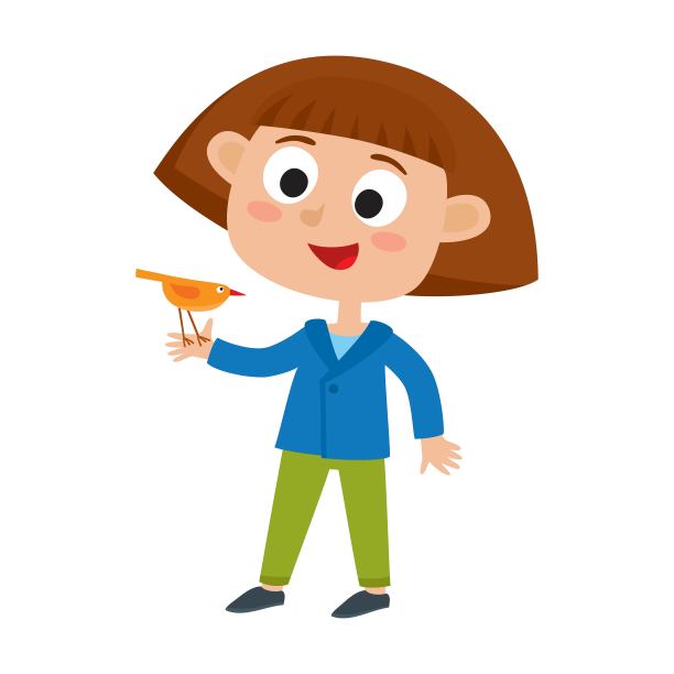 矢量插图的可爱的小女孩和可爱的橙色的鸟图片下载