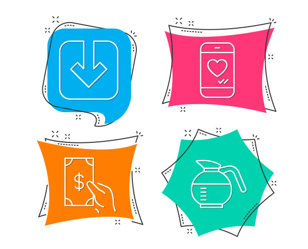 加载文件，接收金钱和爱聊天图标。咖啡壶的迹象。下载箭头，现金支付，智能手机。图片下载