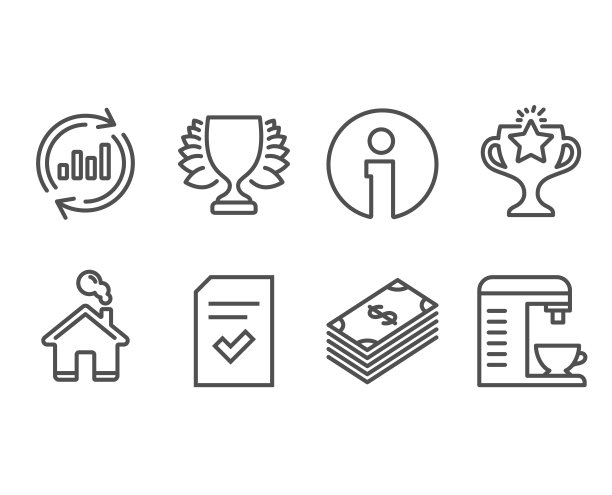 美元，检查文件和赢家图标。更新数据，胜利和咖啡机标志。图片下载