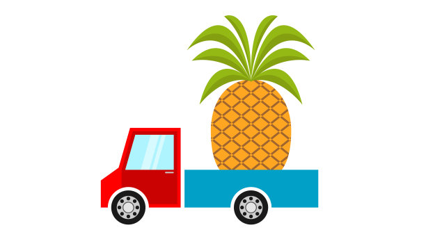 夏季矢量插画车运送一个大菠萝，为网站，网站横幅，传单或明信片，平面设计。图片下载