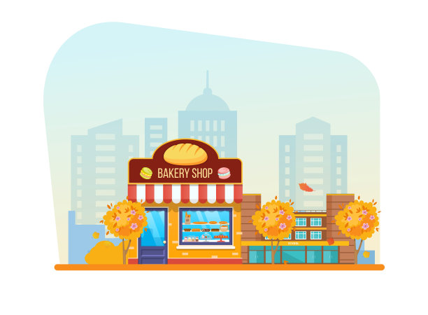 秋现代城烘焙店建筑外立面，店面图片下载