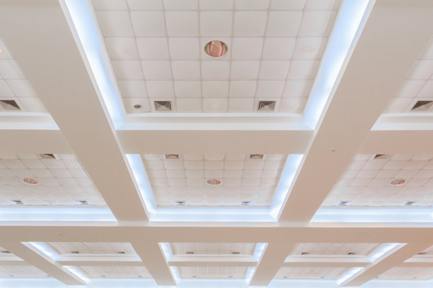 商业室内办公建筑天花石膏及灯光霓虹灯。样式单色与复制空间添加文本图片下载