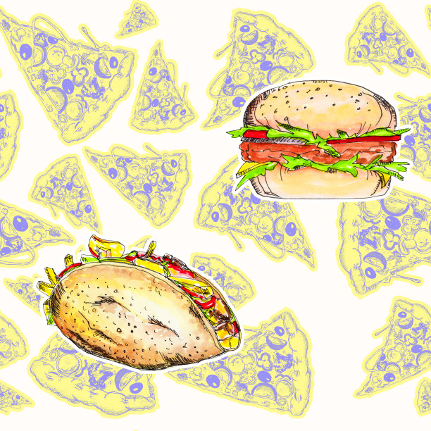 水彩无缝模式与汉堡墨西哥卷和比萨饼。图片下载