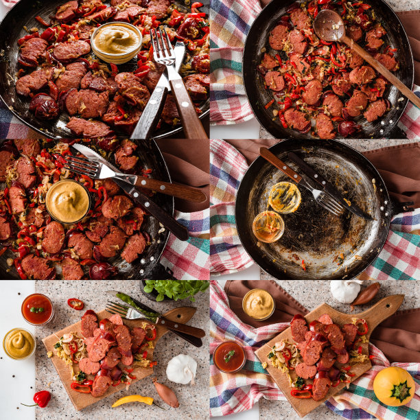 香肠和混合的新鲜蔬菜炒在乡村平底锅，新鲜的辣椒，番茄和香草。在粗糙的木板上切成薄片的香肠。空的脏盘子。套装照片的拼贴画。图片下载