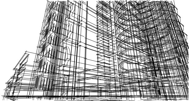 摘要三维建筑线框结构。插图施工图形构思，建筑草图构思。图片下载