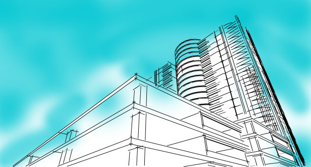 摘要三维建筑线框结构。插图施工图形构思，建筑草图构思。图片下载
