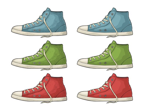 复古红，绿，青色运动鞋。复古颜色雕刻图片下载