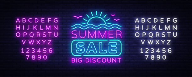 夏季销售霓虹旗帜矢量。明亮霓虹夏季折扣广告，设计模板，灯光横幅，明亮广告手册。矢量插图。编辑文字霓虹灯图片下载